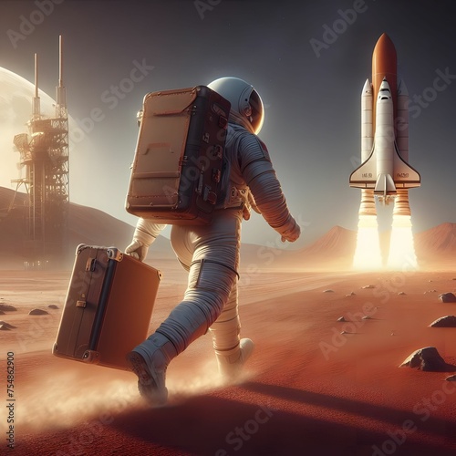 Astronaut with suitcase moving towards a rocket taking off.