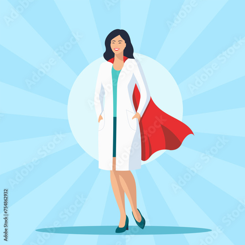 Female doctor with red superhero cape. Vector illustration.