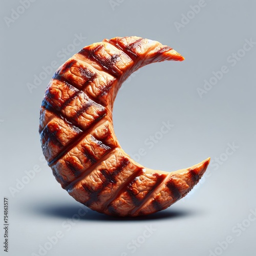 3D realistic crescent moon made of beef steak  with ramadan theme, isolated on background, Generative AI