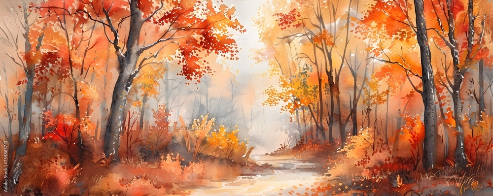 Autumn Forest Watercolor Painting with Vibrant Leaves, To capture the essence of the fall season and bring a touch of natures beauty to any design