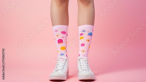 Female legs wearing funny pink socks on pink background