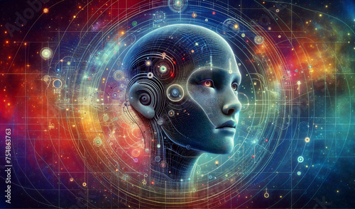 humanoid head with vibrant neon light spiral- network, futurist, artificial intelligence concept © M.studio