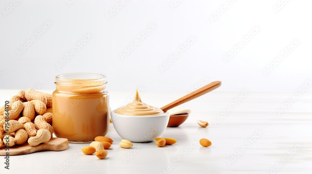 peanut butter spoon and jar on a white background. peanut butter spoon and jar on a white background.