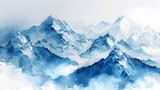 Abstract Watercolor Snowcapped Mountains in Panoramic View with Cinematic Lighting and Icy Blue Hues