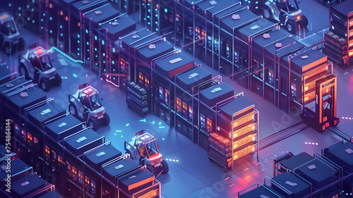 
Smart warehouse with robot forklifts. High shelves with drawers, smart platforms drive around the warehouse, collecting boxes. Smart warehouse technology.  Generative AI