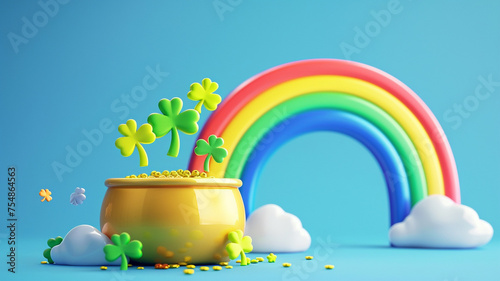 A playful and colorful composition capturing a pot of gold with vibrant clovers floating against a bright rainbow, perfect for themes of luck and prosperity.
