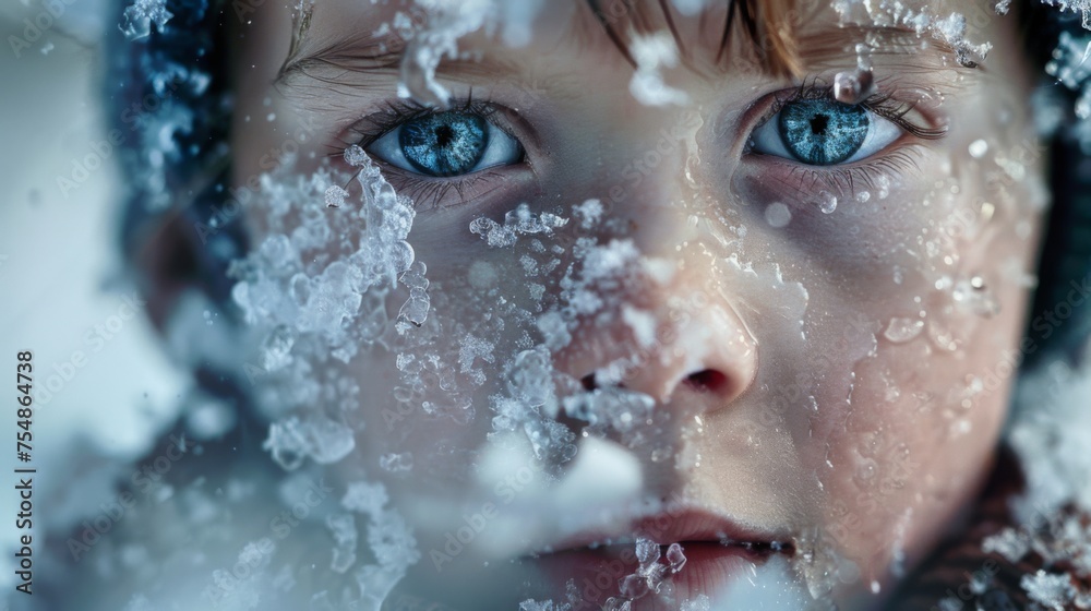 Young boy face covered in ice. Winter portrait in crystals of ice and snow. Frozen face
