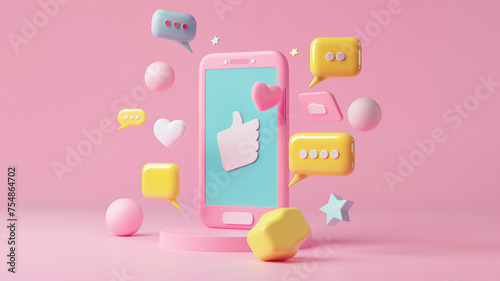 A playful 3D illustration of a smartphone surrounded by colorful social media interaction icons, symbolizing connectivity and online engagement