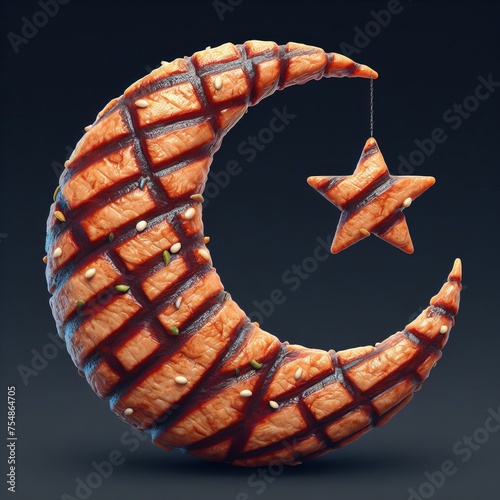 3D realistic crescent moon made of beef steak  with ramadan theme, isolated on background, Generative AI