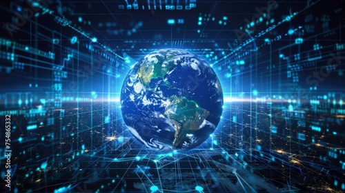 Digital world globe centered on Europe, concept of global network and connectivity on Earth, data transfer, 