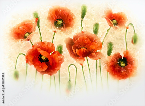 Fototapeta Naklejka Na Ścianę i Meble -  - watercolor with red poppies on a white background