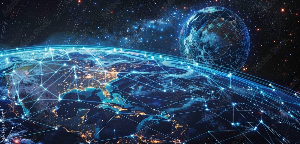 Obraz premium Digital world globe centered on Europe, concept of global network and connectivity on Earth, data transfer, 