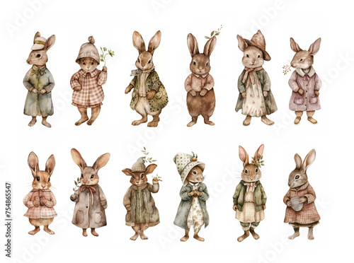 Set with vintage wearing rabbits in watercolor. Cute easter bunny in sepia pastel colors isolated on white.