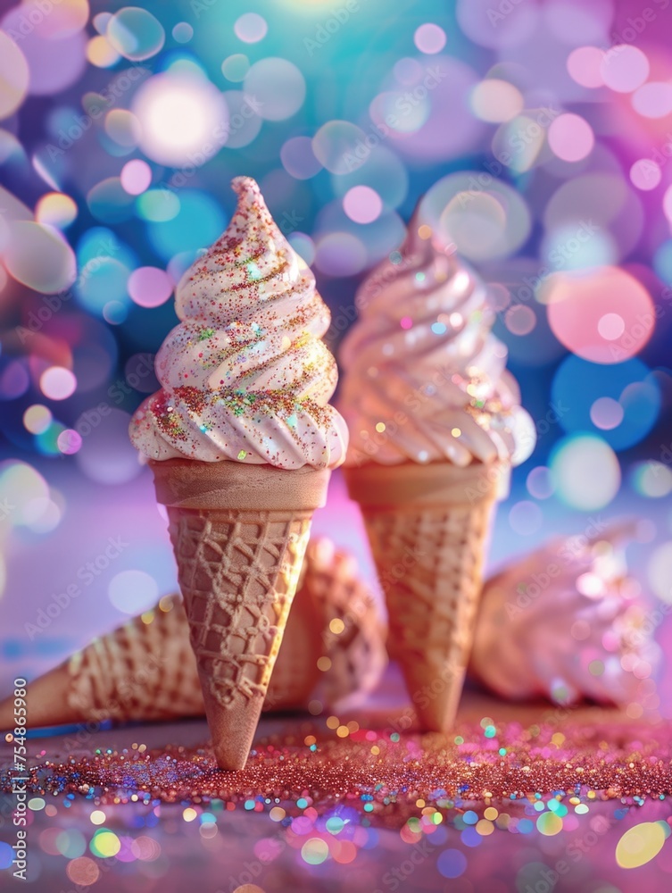 Two ice cream cones adorned with glittering sprinkles offer a whimsical take on a classic treat, amidst a bokeh-lit backdrop. Two ice cream cones adorned with glittering sprinkles offer a whimsical take on a classic treat, amidst a bokeh-lit backdrop.