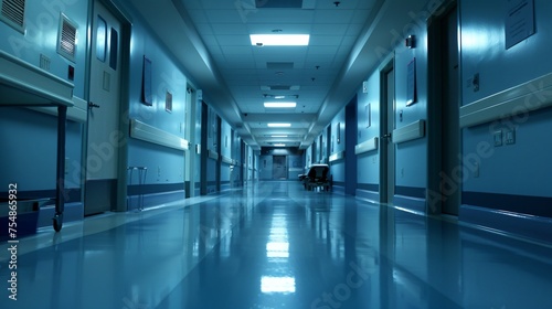 Hospital floor at night dimly lit and quiet save for the soft sounds of vigilant staff and the occasional beep of machines photo