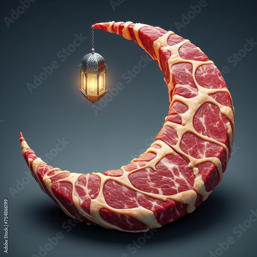 3D realistic crescent moon made of meet beaf with ramadan theme, isolated on background, Generative AI