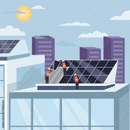 Engineers install solar panels on business buildings and high-rise buildings. The concept of a smart city and environmentally friendly electricity generation