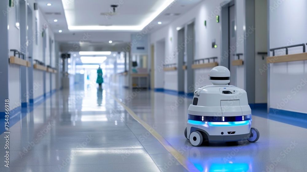 Fototapeta premium Robot programmed for deep cleaning in a hospital ensuring areas are sanitized and safe for patients and staff