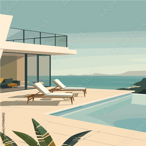 Sunbeds by the pool of modern villa