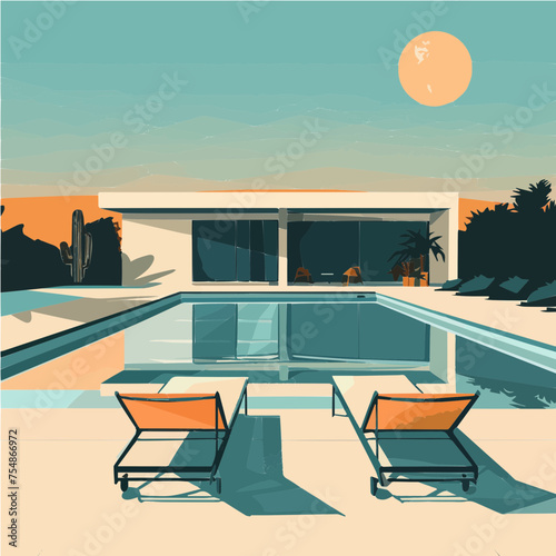 Pool with sunbeds and modern villa home