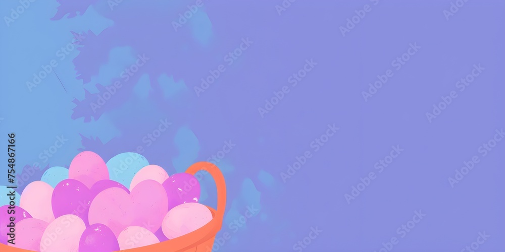 Obraz premium Pastel Easter basket with colorful eggs cartoon paint abstract backdrop with empty copy space for greeting card, web, banner decoration