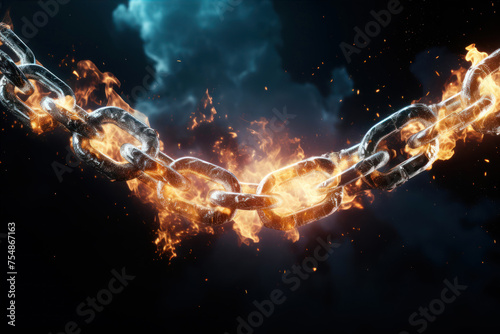 Close up of burning steel chain on dark background. Fire concept.