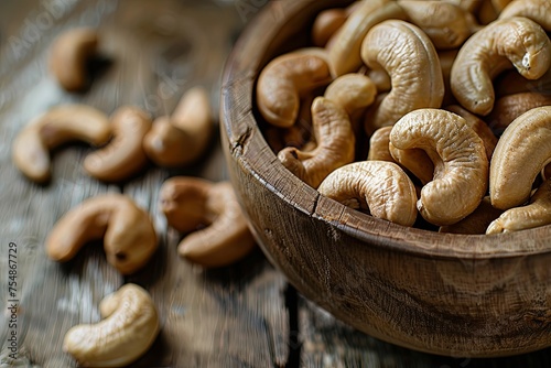 Close-up shot of golden-brown hue and creamy texture of roasted cashews arranged in a rustic wooden bowl
