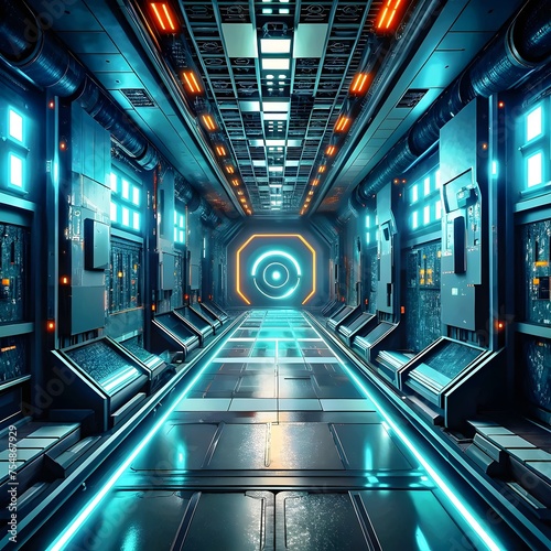 Futuristic Sci-Fi Corridor with Glowing Hexagonal Portal