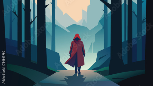 Solitary Figure in Red Cloak Walking Through an Enchanted Forest at Dusk