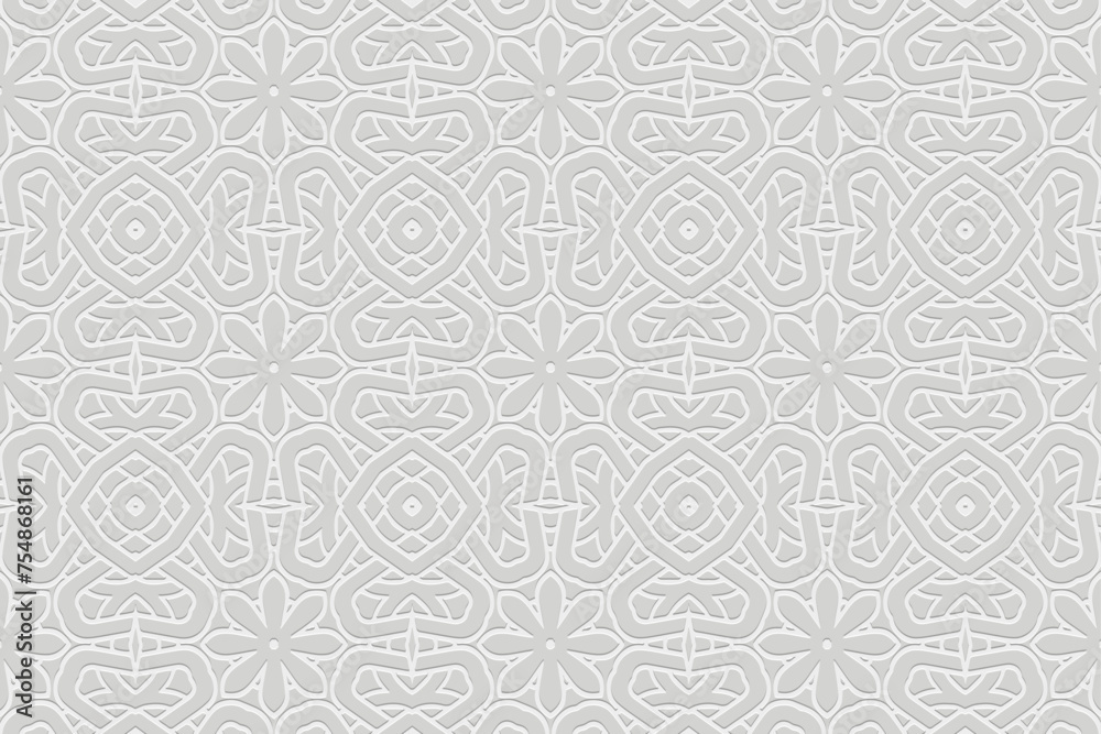 Embossed white background, cover design. Handmade. Geometric exotic 3D pattern. Ornaments, arabesques, boho style. Traditions of the East, Asia, India, Mexico, Aztec, Peru. Current design and decor.
