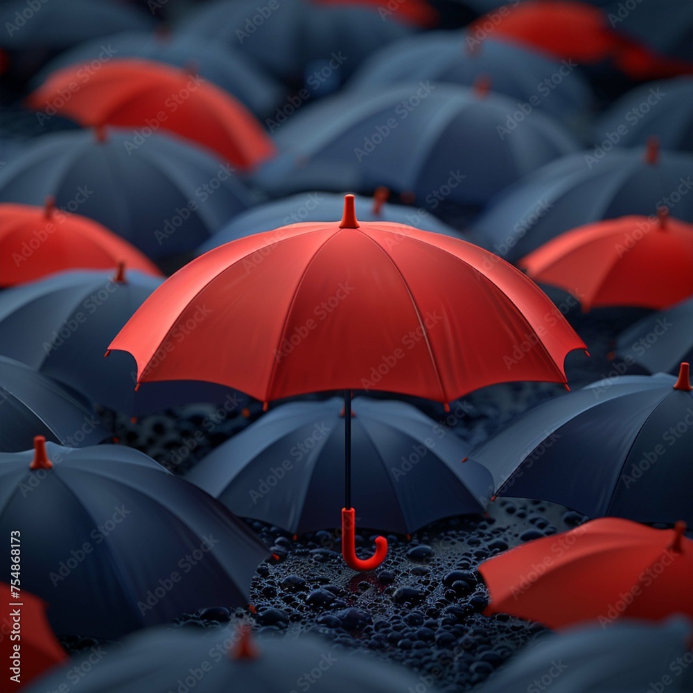 Leader in the Crowd Concept, Bulu, Red Umbrella Sneaks Up Against the Flow of Black Umbrellas. Beautiful 3d Animation, 4K. Made with generative ai
 - obrazy, fototapety, plakaty 