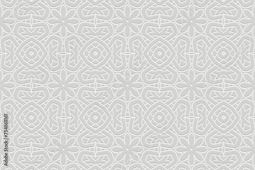 Embossed white background, cover design. Handmade. Geometric exotic 3D pattern. Ornaments, arabesques, boho style. Traditions of the East, Asia, India, Mexico, Aztec, Peru. Current design and decor.