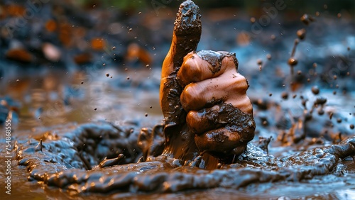 Big thumbs up. Front view. Hand in mud showing thumb up. Generative AI.   © Aleks Mainer