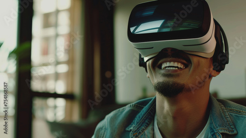 Man enjoying virtual reality with a happy, amused expression. © VK Studio