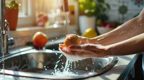 Close-up of a woman's hands cleaning dishes or kitchen utensils with liquid soap; depicts everyday housework and domestic tasks in the home