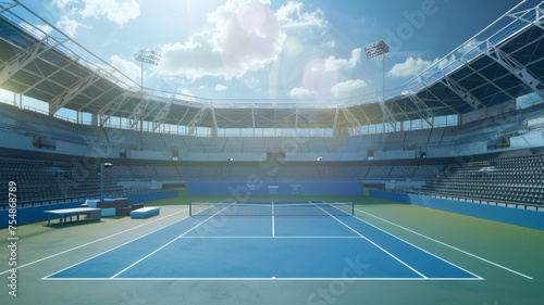 Empty professional tennis court waiting for a match under open skies. photo