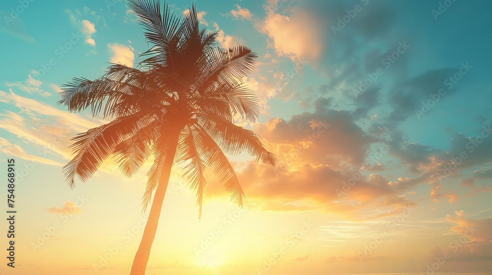 An abstract background of clouds and a sunset sky with a silhouetted tropical palm tree in the light of the sun is copied. Idea for an adventurous summer holiday in the outdoors. An abstract background of clouds and a sunset sky with a silhouetted tropical palm tree in the light of the sun is copied. Idea for an adventurous summer holiday in the outdoors.