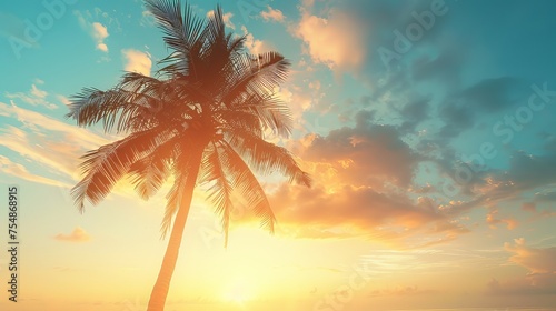 An abstract background of clouds and a sunset sky with a silhouetted tropical palm tree in the light of the sun is copied. Idea for an adventurous summer holiday in the outdoors.