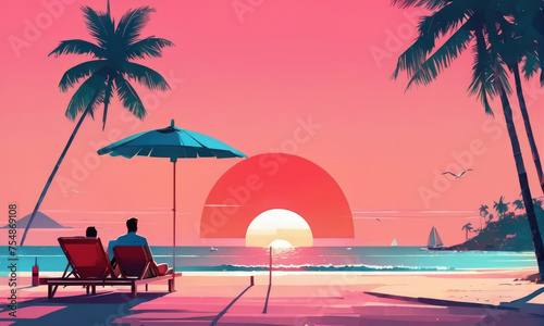 Languish Sunset over Ocean Palm Trees Landscape. Illustration.