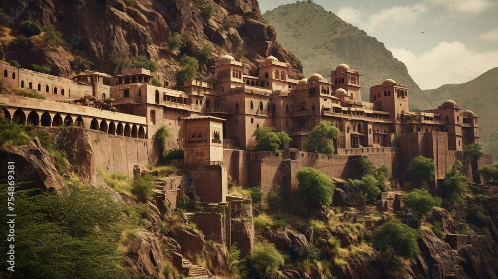 Fototapeta premium A Mughal fortification against a mountainous backdrop, its walls punctuated by bastions and murder holes.