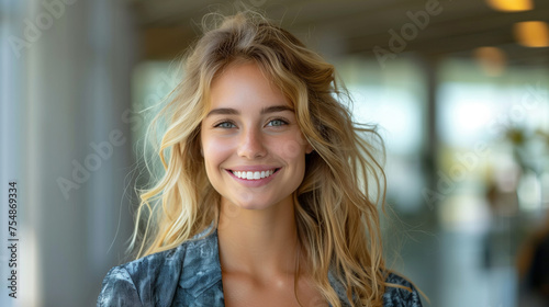 Smiling beautiful elegant businesswoman standing at lobby in a modern business office tower. bright white tone.