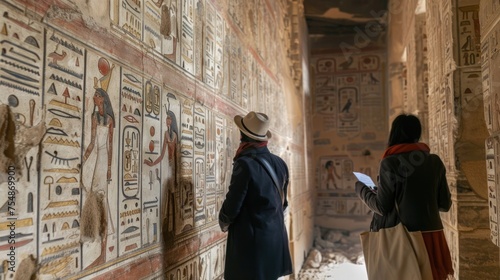 Archaeologists study ancient inscriptions in an Egyptian temple. Egyptologists analyze old writings and drawings. Mysteries of Egypt. Men read hieroglyphs in the pyramid or tomb. Historical discovery. © Ellionn
