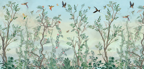 BLOSSOM CHINOISERIE Wallpaper, Watercolor Background, Birds, Watercolor Tree.