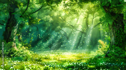 Magical Sunlit Forest Pathway, Ethereal Morning Light Filtering Through Green Trees