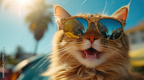 Joyful cat in sunglasses and surfboard, bright blue and yellow sunny background