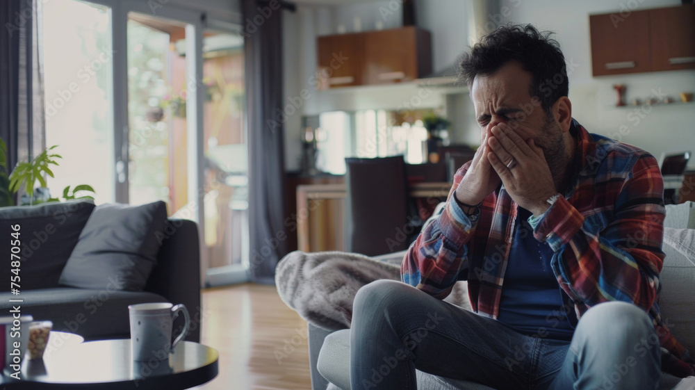 Man feeling distressed and rubbing his eyes while sitting at home. Man feeling distressed and rubbing his eyes while sitting at home.
