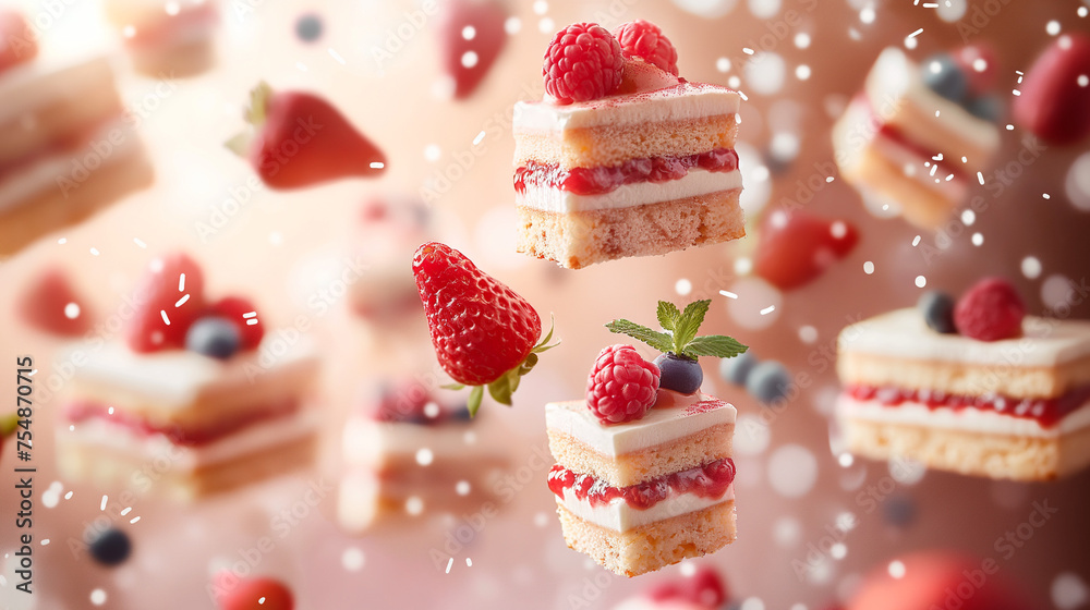 Wallpaper Background: Flying Cake Slices Adorned with Berries and Hovering Berries on a Soft Bokeh Style Background, Creating a Delicate and Whimsical Atmosphere Wallpaper Background: Flying Cake Slices Adorned with Berries and Hovering Berries on a Soft Bokeh Style Background, Creating a Delicate and Whimsical Atmosphere