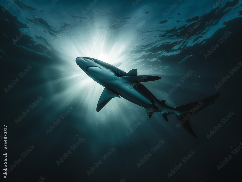 Obraz premium deep sea sharks gliding gracefully through the ocean depths.
