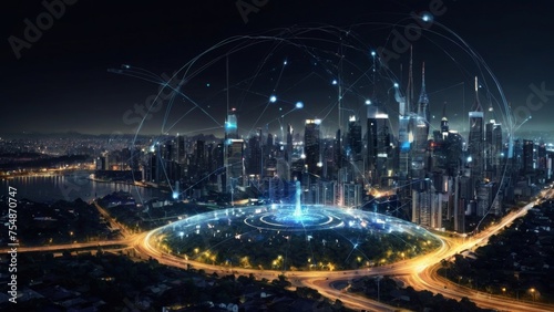 Business strategy in action  Top view of businessman leveraging modern technology with digital layer effects. Cityscape at night symbolizing wireless network and connection technology.