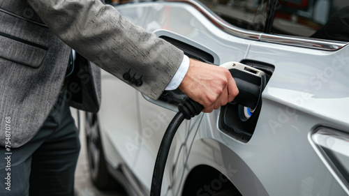 Charging an electric vehicle, symbolizing sustainable transport. © VK Studio